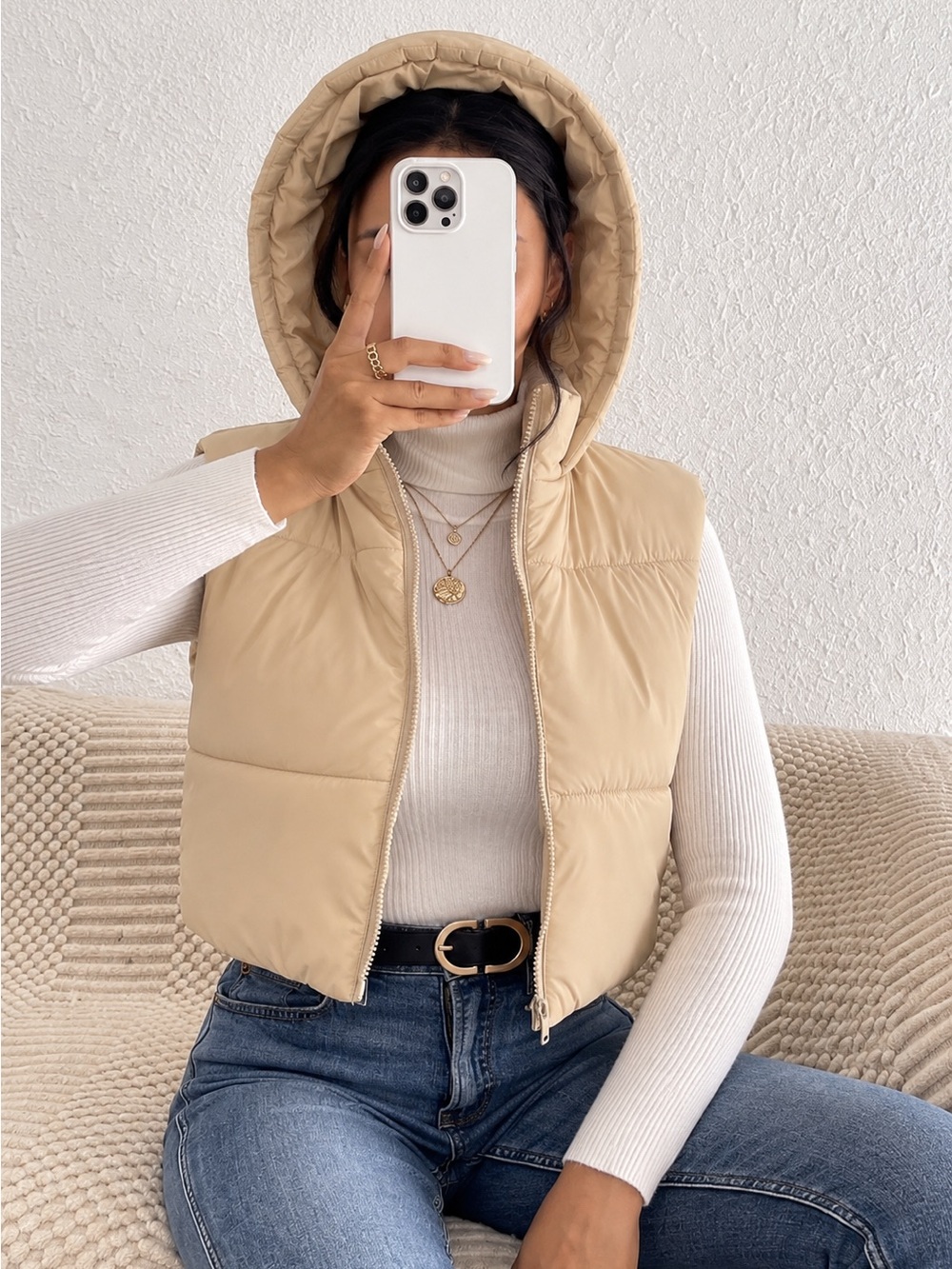 SHEIN Beige Hooded Puffer Vest XS